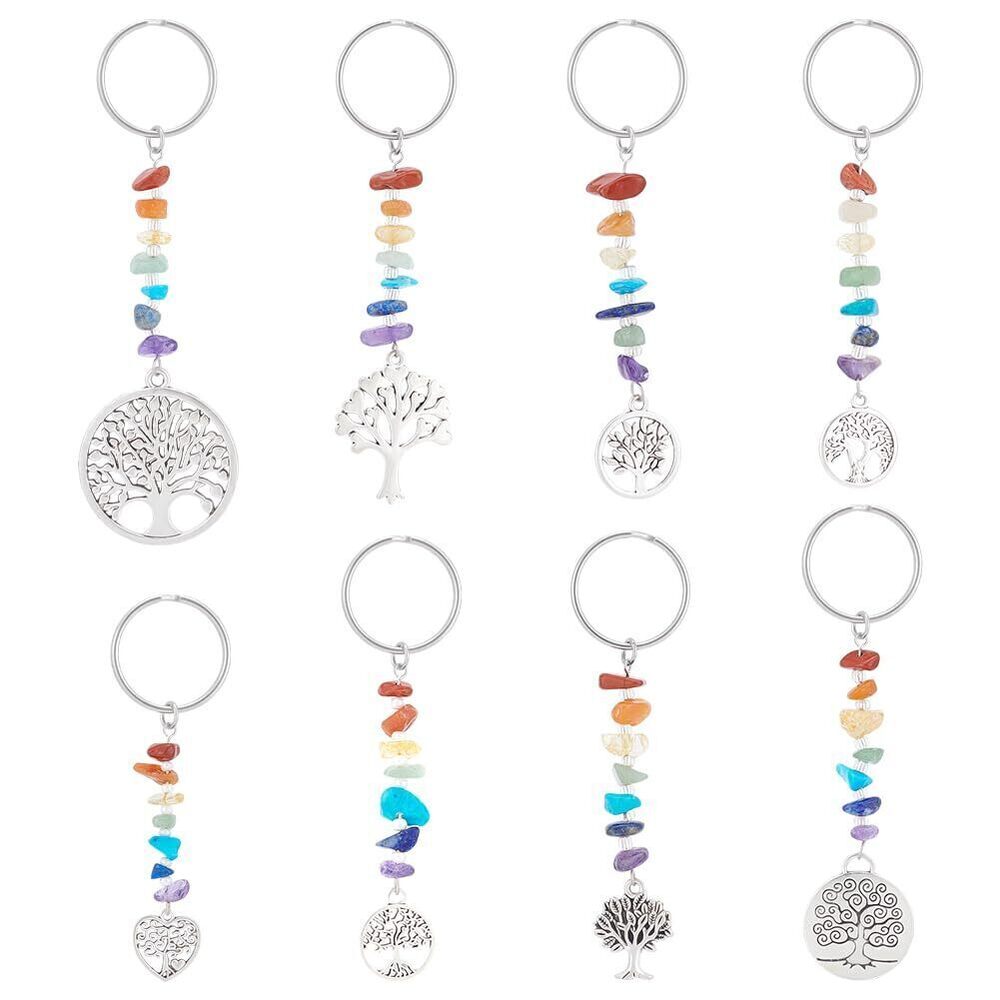 3345 16Pcs Rainbow 7 Chakra Gemstone Beads Yoga Keychains Keyrings
